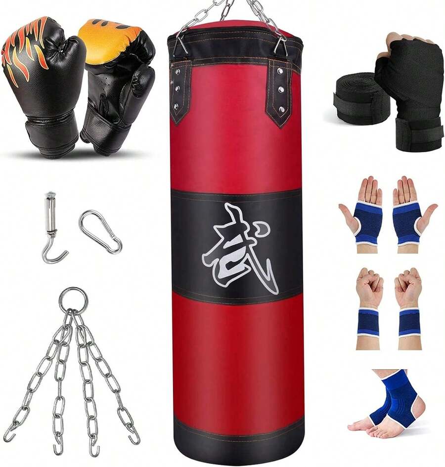 Unfilled Heavy Bag Training Set For Adults - Includes Gloves, Wraps, Chain & Hook For Boxing, MMA, Kickboxing - 紅色 - 查看 1