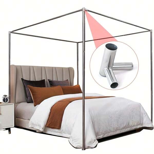 Stainless Steel Canopy Bed Frame Modern 4-Post Metal Bed Mosquito Netting Poles Reinforcement Tee Threaded