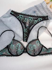 1 件套女士纯色花卉钢圈衬垫文胸套装，舒适内衣套装