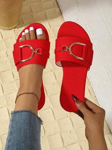 2025 Summer New Flat Slippers, 1 Pair Elegant Flat Shoes With Fashionable Retro Gold Buckle Slides, Beach Vacation Style Sandals, Suitable For Beach, Holiday, Casual, Party, Office, Home And Outdoor, Spring/Summer/Autumn