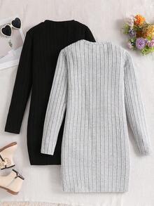 2pcs Teen Girls Crewneck Ribbed Knit Midi Dress, Fitted & Elegant, Spring Autumn, Black & White