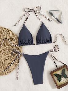 2pcs Leopard Print Tie Halter Padded Women Sexy Bikini Swimsuit - Grey - View 2