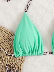 两件套简约性感挂脖豹纹比基尼泳衣，适合度假海滩夏季穿着 - 淺綠色 - 查看 4