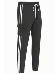 Mens Black And White Side Stripe Cargo Track Pants Elastic Waist With Drawstring Ankle Zipper Streetwear ACtivewear Gym And Fitness Casual Pants  Regular Fit    Weekend Casual  Night Out  Sports  Daily - 黑白 - 查看 2