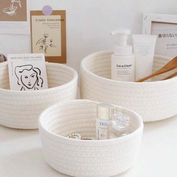 INS Style Cotton Rope Woven Desktop Storage Basket, Handmade Craft Organizer Box, Round Shaped Creative Gift