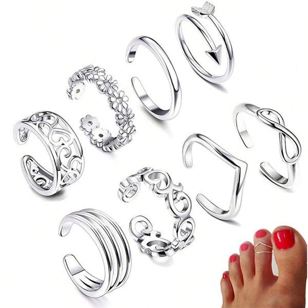 8pcs Toe Rings With Rose Flower Design, Open Toe Rings For Women