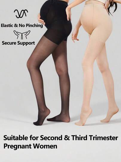 1pc Maternity Belly Support Pantyhose, Beige & Black, Elastic Waist, Lightweight For Spring/Summer, Pregnancy Wear