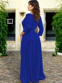 Vestido Largo Elegante con Manga Larga y Cinturón Ajustable Para Dama– Estilo Sofisticado y Atemporal para Toda Ocasión - Azul - Ver 3