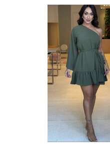 Vestido curto manga bolo com elastico   Simples    Bainha com babado  Com cinto    Diário - Verde Militar - Visão 1