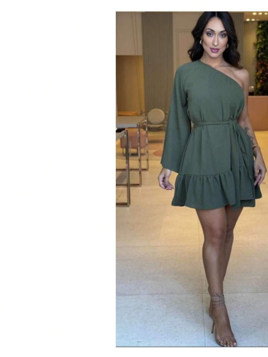Vestido curto manga bolo com elastico   Simples    Bainha com babado  Com cinto    Diário - Verde Militar - Visão 1