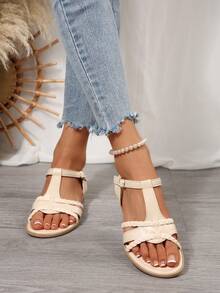 Handwoven Design Comfortable Women's Flat Sandals - Beige - View 5