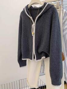 JIANHU Casual Zip Up Knit Hoodie With Contrast Trim, Relaxed Fit Fall Winter Essential