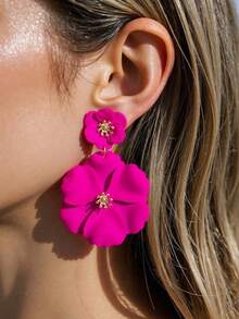 1 Pair Summer Outdoor Activities Red Exaggerated 3D Floral Dangle Earrings, Fashion Party Jewelry - Red - View 5