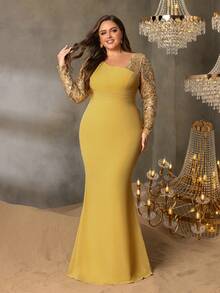 Faeriesty Curve Plus Elegant Chiffon Evening Gown With Beaded Sheer Sleeves - Fitted Mermaid Silhouette With Floor-Length Skirt, Perfect For Bridal Receptions, Red Carpet Galas, And Award Ceremonies