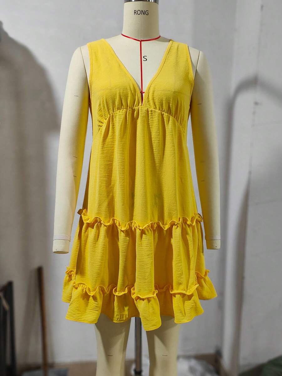 Women's Summer Casual Solid Color Sleeveless Short Dress - Yellow - View 1