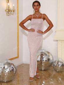 Vestido com Alças Finas Sexy Repleto de Strass, Vestido de Festa da Moda de Celebridade, Vestido para Convidados de Casamento, Vestido de Festa Formal