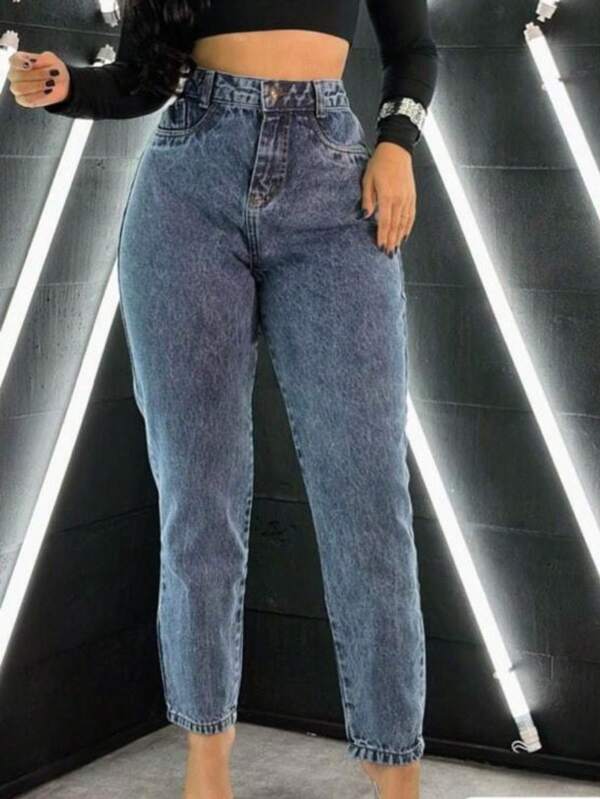 Calça moon mesclada  Simples    Jeans    Zíper  Botão