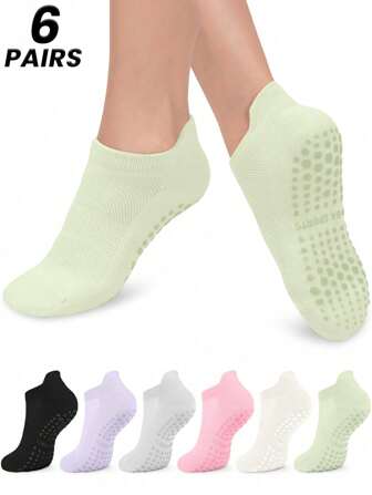 6 Pairs Women Colorful Yoga Socks, With Grips And Ankle Cuffs, Breathable Short Yoga/Dance Socks Suitable For Sports, Ballet, Yoga, Available In 2/6/10/12/20/30 Packs