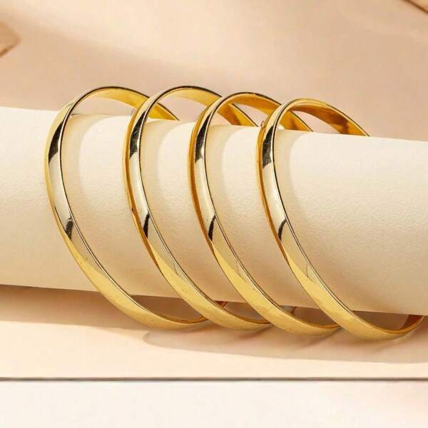 4 Pcs Metal Simple Flat Bangle Bracelet Set, Fashionable Accessories Suitable For Vacation, Party, Wedding, Date, Gift For Girlfriend