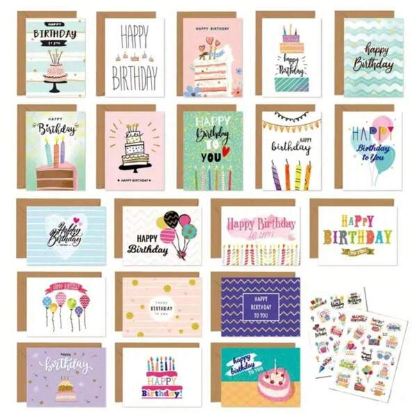 1set 20pcs Assorted Cartoon Theme Birthday Greeting Cards & Envelopes, Handmade Paper Cards For All, DIY Birthday Messages, Mini 6x4 Inch, Funny, Gift Card Back To School,Valentine,Wedding