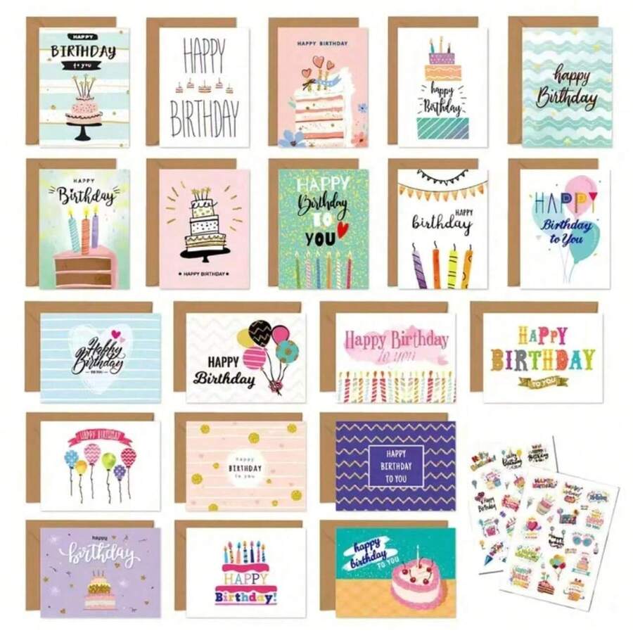 1set 20pcs Assorted Cartoon Theme Birthday Greeting Cards & Envelopes, Handmade Paper Cards For All, DIY Birthday Messages, Mini 6x4 Inch, Funny, Gift Card Back To School,Valentine,Wedding