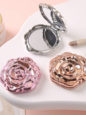 Espelho redondo dobrável em tom rosé, portátil, com suporte, para maquiagem de viagem, ideal para noivas, estudantes universitárias e viajantes. Perfeito para presentear no Dia dos Namorados e no Dia das Mães.