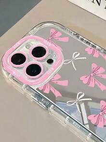 1 pieza Funda protectora de teléfono con estampado de lazo, estuche de maquillaje con espejo de crema, a prueba de golpes, adecuado como regalo de vacaciones compatible con Apple 11 Pro Max/12/13/14/14 Plus/15/15 Plus/16/16 Plus, resistente al agua y a los arañazos - Rosa - Ver 3