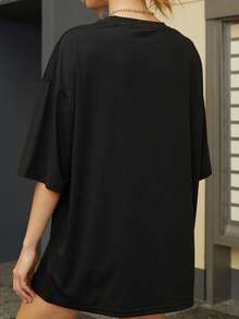 Women's Fashion Butterfly Print Graffiti T-Shirt, Suitable For Summer; Women's Solid Color Round Neck Short Sleeve Top, Casual For Daily Wear - Black - View 2