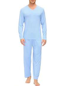 Men's Pajama Sets Sleepwear Nightwear Lightweight Quick Dry Soft 2 Piece Long Sleeve Mens Loungewear Sets With Pockethalloween - A7-sky Blue - View 6