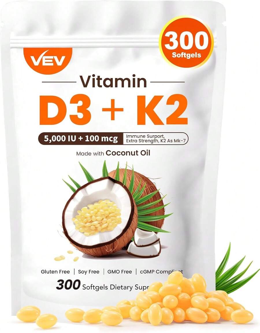 VEV Vitamin D3 Con K2 10000 , 300 Virgin Coconut Oil Softgels, 2 In 1 Vitamins Supplement D & K (Include MK7), Easy To Swallow, Supports Calcm Absorption, Bone Health(Packaging May Vary) - 5000 IU 椰子油 300 粒軟膠囊 - 查看 1