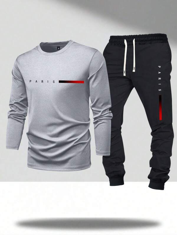 Men's Paris Letter Print Long Sleeve T-Shirt And Long Pants 2 Piece Casual Outfit Set, With Pockets And Drawstring Waist, Suitable For Spring And Autumn, Perfect For Husband Or Boyfriend Gifts And Outdoor Leisure Wear
