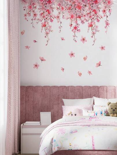 1 件 11.81*23.62 英寸 Wonderever 小号粉色花朵墙贴，悬挂藤蔓花叶可撕可贴墙贴，适用于育儿室、女孩卧室、客厅装饰