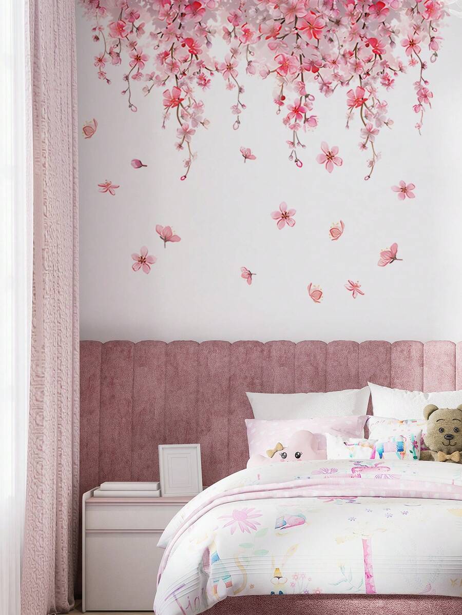 1 件 11.81*23.62 英寸 Wonderever 小号粉色花朵墙贴，悬挂藤蔓花叶可撕可贴墙贴，适用于育儿室、女孩卧室、客厅装饰