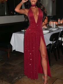 Women's Sexy Deep V-Neck Spaghetti Strap Metallic Ruched Waist Slit Maxi Party Dress