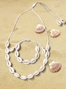 2pcs/Set Shells Natural Hand Knitting Chain Rope Girl Choker Bracelets Beach Holiday Jewelry Gift Adjustable - Beige - View 1
