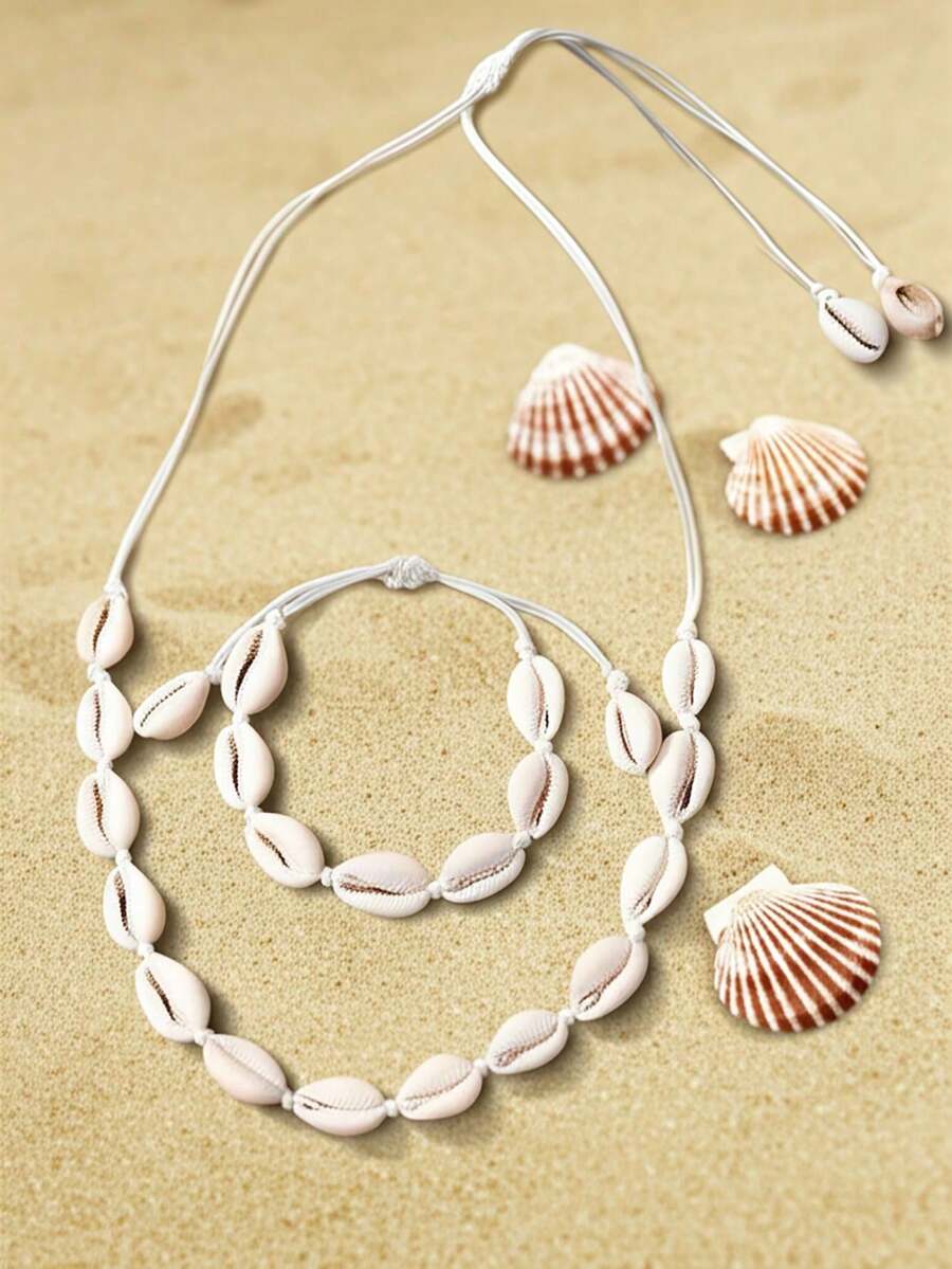 2pcs/Set Shells Natural Hand Knitting Chain Rope Girl Choker Bracelets Beach Holiday Jewelry Gift Adjustable - Beige - View 1