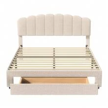 Anajqaqia 140 X 200 Cm Double Bed, Equipped With A Drawer, With Storage Compartment, Bed Frame With Striped Headboard, Without Mattress, Velvet (Beige)