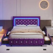 Twin/ Full/ Queen Bed Frame With Drawers, Upholstered Bed Frame With LED Lights, Modern Platform Bed Frame With Headboard And Footboard, Diamond Tufted Design, No Box Spring Needed, White/ Pink/ Black/ Purple/ Yellow (Twin Size 2 Drawers/ Other Size 4 Drawers) * Bed Frame Queen Bed Frame Bed Queen Bed Frame King Bed Frame Bedroom Furniture Bed Frame Full Full Size Bed Frame Twin Bed Frame Beds Cozy Bedroom Home Bedroom Refresh Room Decor Home Decor Christmas Decor Bedroom Decor Valentine Day Decor Storage Living Room Decor Furniture House Decor Halloween Decorations  ( USB LED Strip) - 紫色 - 查看 11