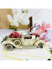 Tarjeta de boda 3D emergente "Recién casados", coche vintage con ilustración acuarela floral y portada con texto dorado, tarjeta de felicitación romántica para la novia y el novio, aniversario, para parejas y recién casados - Verde - Ver 2