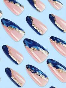 24片欧美粉蓝撞色深海爱心图案装饰指甲贴全覆盖假指甲贴美甲用品多功能日常佩戴指甲套装，适合办公室女性、派对、约会、日常佩戴，装饰你的指甲，提升你指甲的时尚品味 - 彩色 - 查看 3