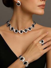 三件套奢华复古几何镀金合金仿烟晶长方形大宝石项链耳环戒指首饰套装，优雅适合派对、通勤、约会等场合。 - 金黃色+透明灰 - 查看 8