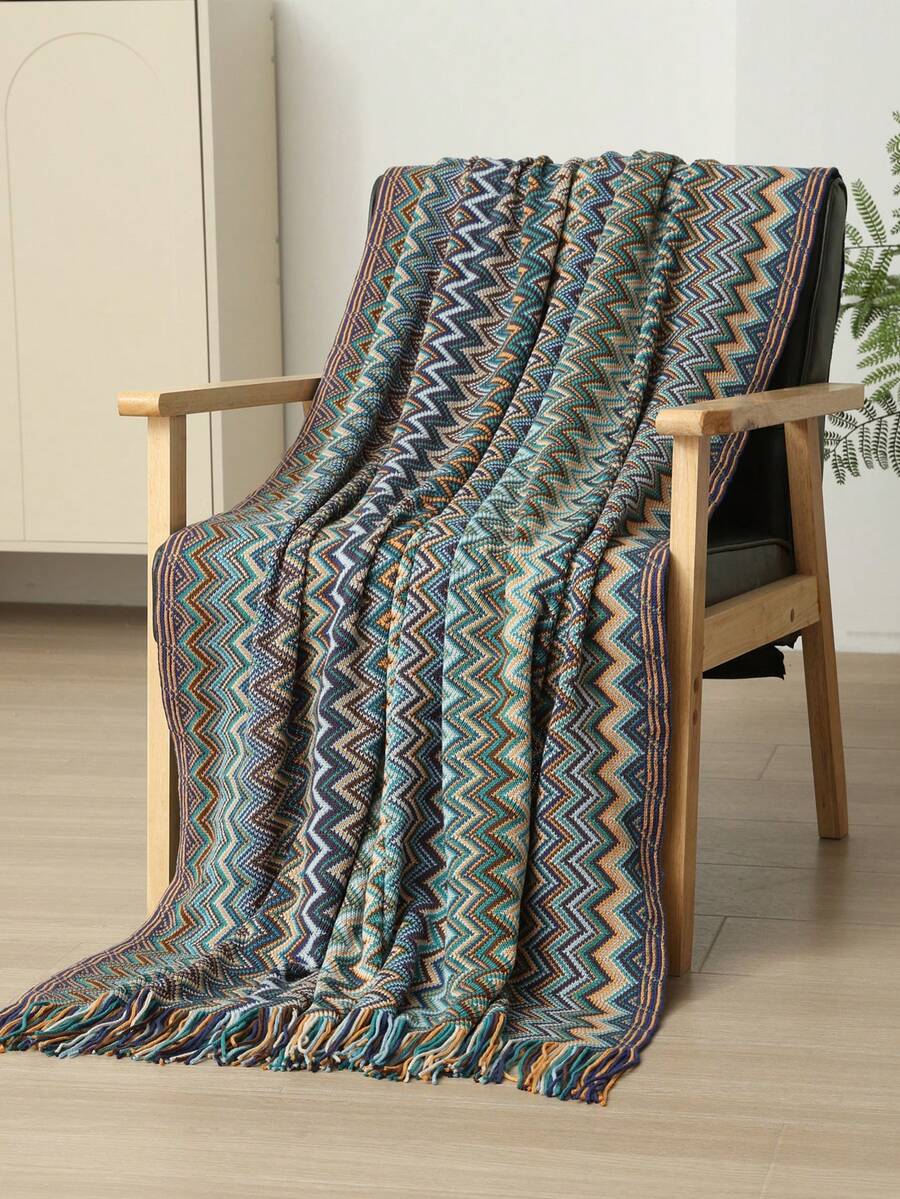 1 件卡其色针织毯，带流苏的休闲盖毯，适合午睡、沙发、客厅椅子、秋季装饰、秋季装饰、房间装饰 - 波西米亞藍色 - 查看 1