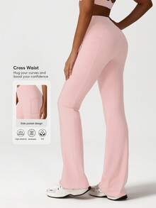 Sodalemon Women Solid Color Cross Waist Casual Outdoor Training Fitness Gym Side Pockets Yoga Sport Flare Pants - Baby Pink - View 3