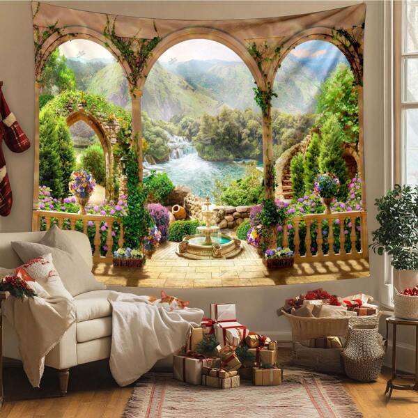 1pc Polyester Tropical Landscape Tapestry Wall Hanging Vivid Colors Waterfall Scenery Art Bedroom Living Room Dorm Decor Nature View Ornate Garden Archway Design Large Size Unique Gift Tapestry