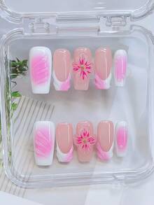 10pcs Y2K Style Nails Pipe-Shaped Press On Nails Set - Handcrafted, Pink Nails, Pink And White Gradient French Style, Handmade 3D Flowers With Pink Flower Core, Hand Drawn Transparent 3D Pattern Design, Sparkling Golden Little Steel Ball Accents - Suitable For Women And Girls, Party, Wedding, Daily Wear, Includes Tool Kit. Square Nails. Handmade Press On Nails. Fake Nails. Nail Supplies - Nhiều màu - Xem 1