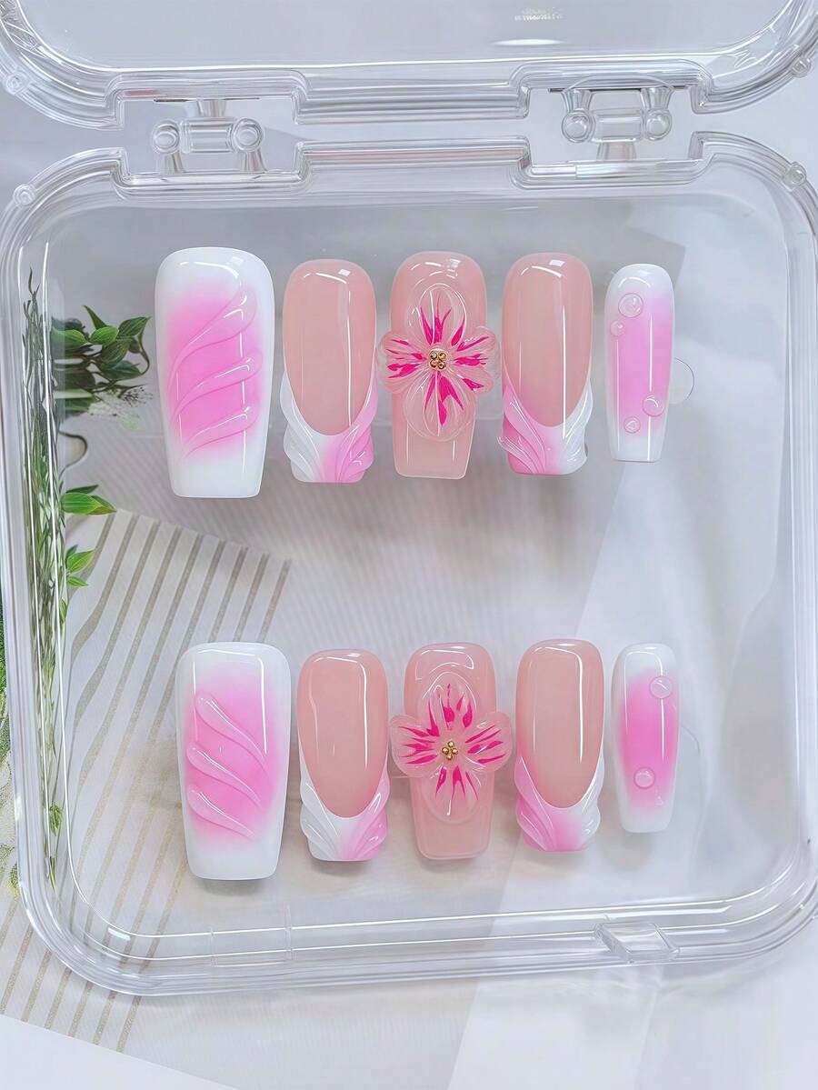 10pcs Y2K Style Nails Pipe-Shaped Press On Nails Set - Handcrafted, Pink Nails, Pink And White Gradient French Style, Handmade 3D Flowers With Pink Flower Core, Hand Drawn Transparent 3D Pattern Design, Sparkling Golden Little Steel Ball Accents - Suitable For Women And Girls, Party, Wedding, Daily Wear, Includes Tool Kit. Square Nails. Handmade Press On Nails. Fake Nails. Nail Supplies - Nhiều màu - Xem 1