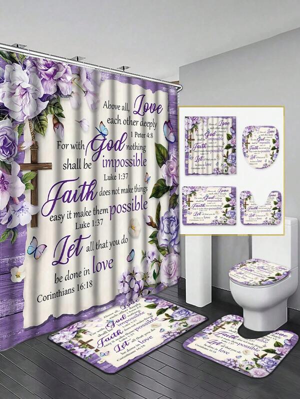 1/4 Set - Biblical Verse Shower Curtain Set, Purple Diagonal Gardenia Floral Rural Botanical Inspirational Quote Art, 12 Hooks Shower Curtain, Anti-Slip Bath Mat, Toilet U-Shaped Cover, Lid Cover, Home Decor, Perfect Daily & Holiday Gift For Friends And Family