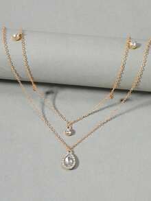 1件水晶水滴多层项链，时尚毛衣链，适合聚会、派对和日常佩戴 - 金色 - 查看 2