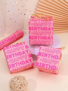 1 rolă de hârtie de împachetat roz pentru ziua de naștere, design cu inscripții "La mulți ani" cu linii de tăiere pe verso, hârtie de împachetat cadou pentru fete, petrecere pentru fete