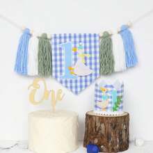 Goose 1st Birthday High Chair Banner, Goose 1st Birthday Crown, Silly Goose Decoration, Garden Party Photo Props, Goose Prince Blue Tassel Floral Wreath, Goose Smash Cake High Chair Wreath